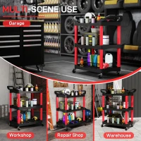 HOMCOM 3-Tier Rolling Tool Cart, Tool Trolley on Wheels, Plastic Mobile Service Utility Cart with Handles for Garage, Mechanics and Warehouse, 91kg Capacity, Black and Red(m-6)