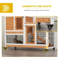 PawHut Conigliera in Legno con Ruote, Vassoi Estraibili e Casetta con Rampa, 110x50x88 cm, Giallo e Bianco(m-7)