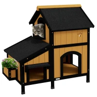 PawHut Wooden Cat House with Flower Pot, Windows, Multiple Entrances, Water-Resistant Roof for Outdoor - Yellow(m-1)