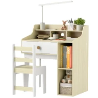 AIYAPLAY Set Mesa y Silla para Niños en Madera con Estante y Cajón, Edad 3-10 Años, Blanco y Madera(m-6)