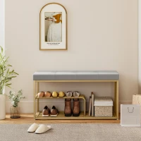 HOMCOM Bench and Shoe Storage, Tufted Shoe Storage Bench with Velvet Seat Cushion Gold Steel Frame for Entryway, Grey(m-8)
