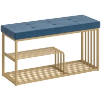 HOMCOM Bench and Shoe Storage, Tufted Shoe Storage Bench with Velvet Seat Cushion Gold Steel Frame for Entryway, Dark Blue(m-1)