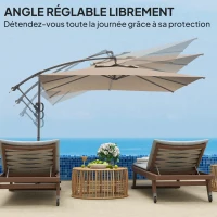 Outsunny Parasol déporté carré 3 x 3 m avec manivelle, base croisée, parasol inclinable et rotation à 360°, toile 180 g/m² kaki(m-6)