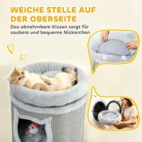 PawHut Katzenkratzfass, 96 cm, 4-Ebenen-Katzenturm mit waschbarem Bett, 3 Schlafhöhlen, Hängespielzeug, für mehrere Katzen Grau(m-6)