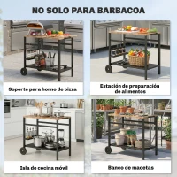 Outsunny 2-Tier BBQ Cart Side Table for Mobile Barbecue with Wheels, Drink Holder, Hooks, Handle, Black and Brown(m-4)