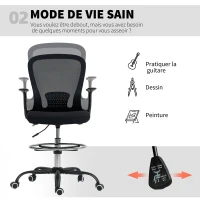 HOMCOM Chaise bureau ergonomique avec repose-pieds ajustable et accoudoirs relevables, hauteur réglable, 59x62x99-119cm, noir(m-5)