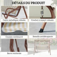 Outsunny Balancelle de Jardin 3 Places Toit imperméabilisé Inclinaison réglable Coussins Assise Dossier marron, crème rayé(m-5)