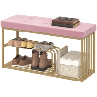 HOMCOM Bench and Shoe Storage, Tufted Shoe Storage Bench with Velvet Seat Cushion Gold Steel Frame for Entryway, Pink(m-11)