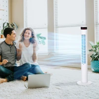 HOMCOM Ventilador de Torre 96 cm 45W con Mando a Distancia 3 Velocidades 4 Modos Oscilación de 70° Pantalla LED Táctil Temporizador 12h Silencioso y Asa de Transporte Blanco(m-2)