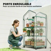 Outsunny Mini serre de jardin avec 3 étagères, bâche PVC haute densité, porte enroulable 4 roulettes 69 x 49 x 130 cm transparent(m-6)