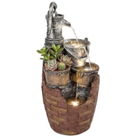 Outsunny Fontana a 4 Livelli con Illuminazione LED, Fioriera e Pompa Regolabile, Stile Rustico, 34x31x76 cm, Marrone Rustico e Grigio(m-6)