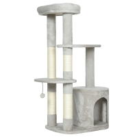 PawHut Kratzbaum 114 cm Katzenturm mit Höhle, Sisalstämme, Plattform, mehrstöckig ür mittelgroße Katzen unter 6 kg, Hellgrau