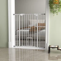 PawHut Hunde-Absperrgitter, doppelte Verriegelung, selbstschließende Tür, 104 cm hoch, Stahl, Weiß(m-8)