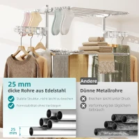 HOMCOM Mobiler Wäscheständer mit Rollen, 4 Ebenen, klappbar, Edelstahl, rostfrei, weiß+silber, 142 x 55 x 172 cm(m-5)