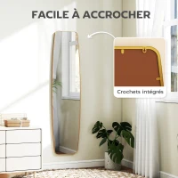 HOMCOM Grand miroir mural ovale 160 x 40 cm, miroir suspendu moderne, cadre en métal et bois, prêt à accrocher, doré(m-6)