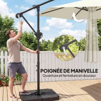 Outsunny Parasol déporté 3 m avec pied en croix et dalles lestage, parasol de jardin extérieur avec manivelle, crème(m-8)