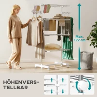 HOMCOM Mobiler Wäscheständer mit Rollen, 4 Ebenen, klappbar, Edelstahl, rostfrei, weiß+silber, 142 x 55 x 172 cm(m-4)