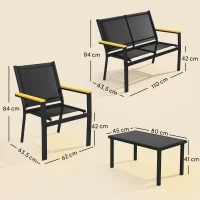 Outsunny Gartenmöbel Set Metall Sitzgruppe für 4 Personen Gartenlounge mit 2er Sofa Stuhl Beistelltisch 110x63,5x84 cm Schwarz(m-3)