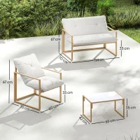 Outsunny Salon de jardin extérieur 4 pièces avec coussins ultra-épais 15cm canapé 2 places avec table basse et 2 fauteuils kaki(m-3)