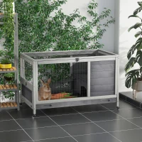 PawHut Jaula para Conejos de Madera 90x53x59 cm Conejera para Mascotas Pequeñas Portátil Interior con Techo Abrible Rampa Bandeja Extraíble para Conejillos de Indias Gris Claro y Blanco(m-2)