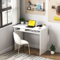 HOMCOM Bureau informatique sobre épuré compact avec 1 étagère, panneaux de particules, dim. 90l x 50P x 74H cm, blanc laqué(m-10)