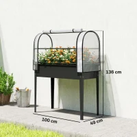 Outsunny Hoogbed met kweekkas-opzet plantenbak met opklapbare afdekking oprolbare ritsdeur afvoeropening Zwart(m-3)