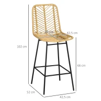 HOMCOM Taburetes Altos de Cocina Juego de 2 con Asiento de Ratán Sintético Taburetes de Bar con Patas de Acero 42,5x52x102 cm Natural(m-3)