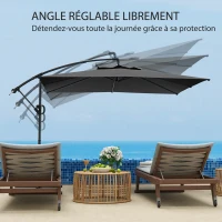 Outsunny Parasol déporté carré 3 x 3 m avec manivelle, base croisée, parasol inclinable rotation à 360° toile 180 g/m² gris foncé(m-6)