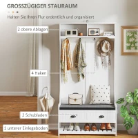 HOMCOM Garderobenständer mit Haken, Garderobe mit Schuhbank, für Eingangsbereich, Flur, Metall, MDF, Weiß+Grau(m-4)