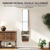 HOMCOM Grand miroir mural ovale 160 x 40 cm, miroir suspendu moderne, cadre en métal et bois, prêt à accrocher, doré(m-4)