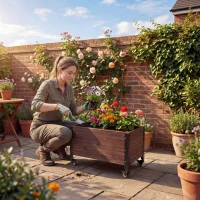 Outsunny Houten hoogbed, plantenbak met wielen, mobiel tuinbak 60 x 30 x 41 cm voor tuin en balkon(m-8)