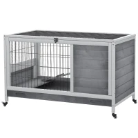 PawHut Jaula para Conejos de Madera 90x53x59 cm Conejera para Mascotas Pequeñas Portátil Interior con Techo Abrible Rampa Bandeja Extraíble para Conejillos de Indias Gris Claro y Blanco(m-7)