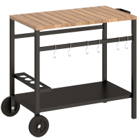 Outsunny 2-Tier BBQ Cart Side Table for Mobile Barbecue with Wheels, Drink Holder, Hooks, Handle, Black and Brown
