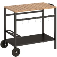 Outsunny 2-Tier BBQ Cart Side Table for Mobile Barbecue with Wheels, Drink Holder, Hooks, Handle, Black and Brown(m-1)