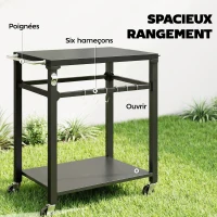 Outsunny Desserte jardin chariot de barbecue sur roulettes avec crochets, poignées, roulettes verrouillables, 90,5x55x88 cm, noir(m-5)