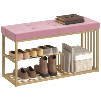 HOMCOM Bench and Shoe Storage, Tufted Shoe Storage Bench with Velvet Seat Cushion Gold Steel Frame for Entryway, Pink(m-10)