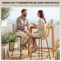 HOMCOM Taburetes Altos de Cocina Juego de 2 con Asiento de Ratán Sintético Taburetes de Bar con Patas de Acero 42,5x52x102 cm Natural(m-5)