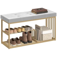 HOMCOM Bench and Shoe Storage, Tufted Shoe Storage Bench with Velvet Seat Cushion Gold Steel Frame for Entryway, Grey(m-10)