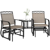 Outsunny Double Outdoor Glider Chair, 2 Seater Patio Rocking Chairs, Swing Bench with Tempered Glass Table, Breathable Mesh Fabric for Backyard, Garden, Porch, Brown(m-10)