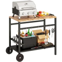 Outsunny 2-Tier BBQ Cart Side Table for Mobile Barbecue with Wheels, Drink Holder, Hooks, Handle, Black and Brown(m-6)