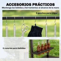 Outsunny Carrito de Barbacoa de 2 Niveles Mesa Auxiliar para Barbacoa Móvil con Ruedas Portabebidas Ganchos Asa Negro y Marrón(m-6)