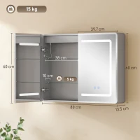 HOMCOM Armadietto Specchio per Bagno con Illuminazione LED, Armadietto Bagno con Antiappannamento, Dimmerabile in 3 Livelli, 80x13,5x60 cm, Argento(m-3)