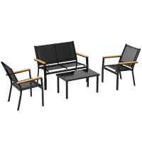 Outsunny Conjunto Jardín Exterior de 4 Piezas con Sofá de 2 Plazas 2 Sillones Mesa de Cristal Templado Tela Textilene Negro(m-1)