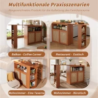 Multifunktionaler Bartisch mit Stauraum ausziehbar mit Rattangeflecht Türfronten und verstellbaren Ablagen für zuhause Braun(m-5)