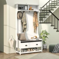 HOMCOM Garderobenständer mit Haken, Garderobe mit Schuhbank, für Eingangsbereich, Flur, Metall, MDF, Weiß+Grau(m-2)