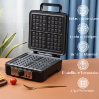 HOMCOM Waffeleisen 4 Waffeln mit antihaftbeschichteten Platten verstellbarer Temperatur rutschfeste Füße 1200W Aluminium Schwarz 24,5 x 31,6 x 11,3 cm(m-4)