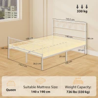 HOMCOM Struttura Letto con Testiera, Supporto a Doghe in Acciaio e Spazio di Stoccaggio Sotto il Letto, 141.5x198x98 cm, Bianco(m-3)