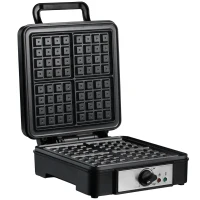 HOMCOM Waffeleisen 4 Waffeln mit antihaftbeschichteten Platten verstellbarer Temperatur rutschfeste Füße 1200W Aluminium Schwarz 24,5 x 31,6 x 11,3 cm(m-11)