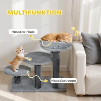PawHut Kratzbaum und Katzentreppe, breite Basis, Plüschstoff, Sisalkratzsäule, Grau(m-4)
