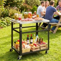 Outsunny Garten-Servierwagen, Grillwagen auf Rollen, Edelstahlplatte, Regal, Haken, 82 x 55 x 79 cm, schwarz(m-6)